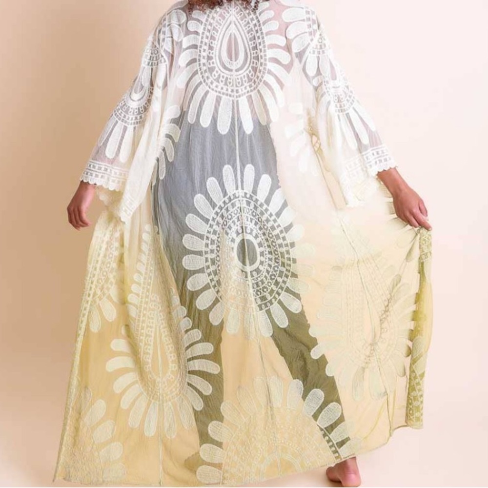 Yellow Lace Duster White Sheer Ombre Flowy Boho Fairy Cottagecore Kimono Size L - Picture 2 of 11